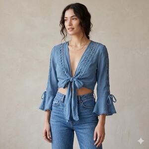 ELAN Blue Lace Crochet Tie Front Bell Sleeve Boho Festival Shabby Chic S